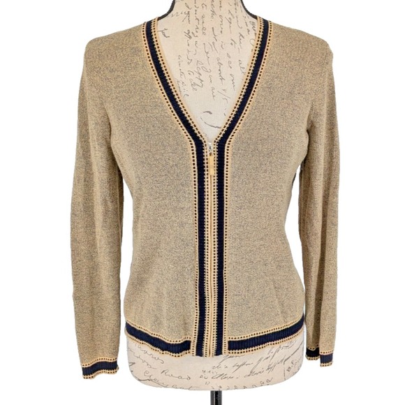 Emma James Sweaters - VTG Cropped Sweater SIZE SP- Tan Heather-Front Zip-Black Crochet Trim-Y2K-Retro